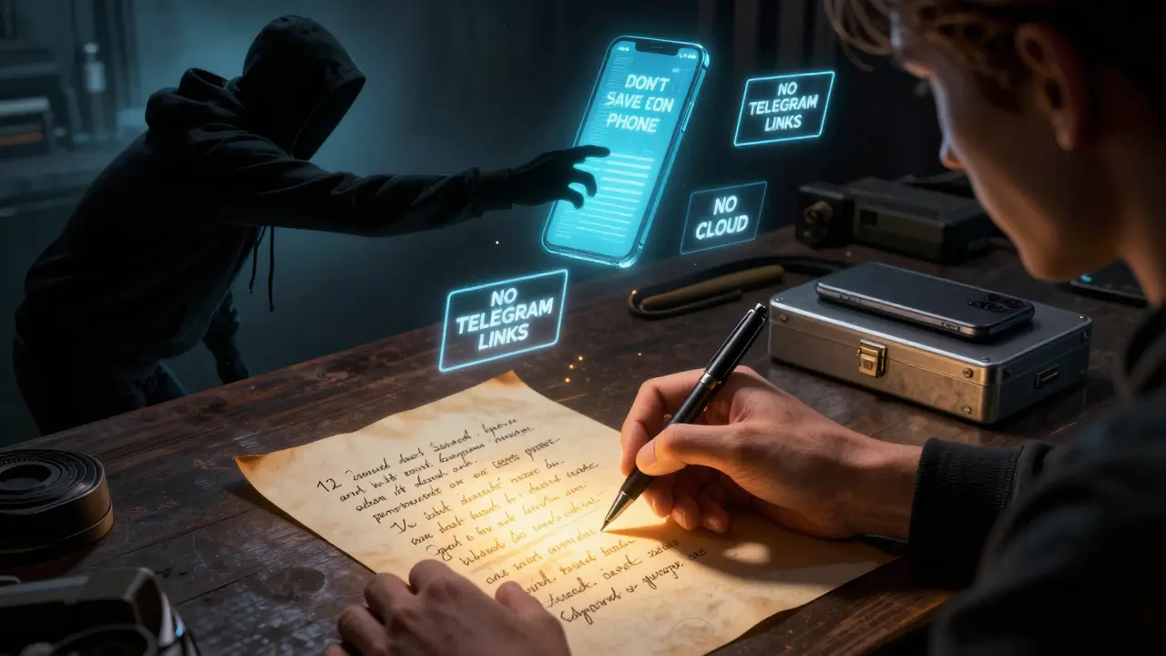 Новичок записывает seed-фразу на бумаге, вокруг него — предупреждения и призрачный хакер, пытающийся украсть данные с телефона.