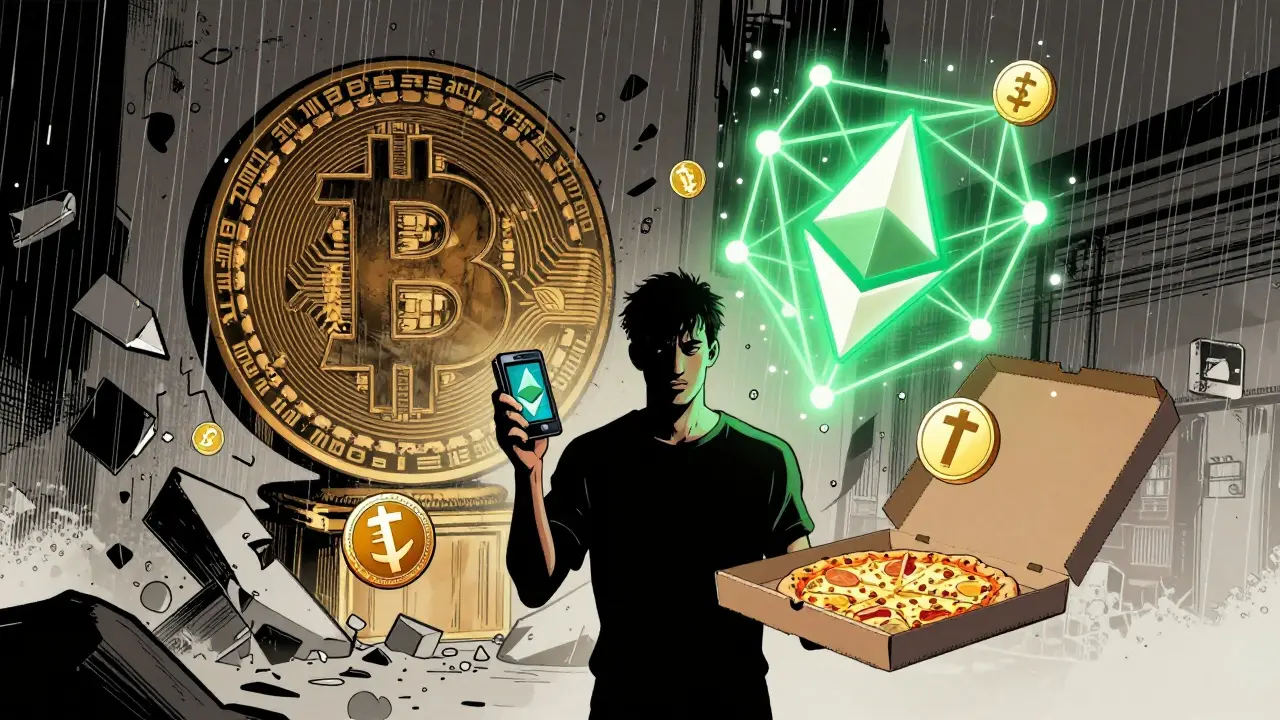 Человек держит кошелёк и пиццу, вокруг — символы криптовалют, а статуя Bitcoin рушится, уступая место Ethereum.