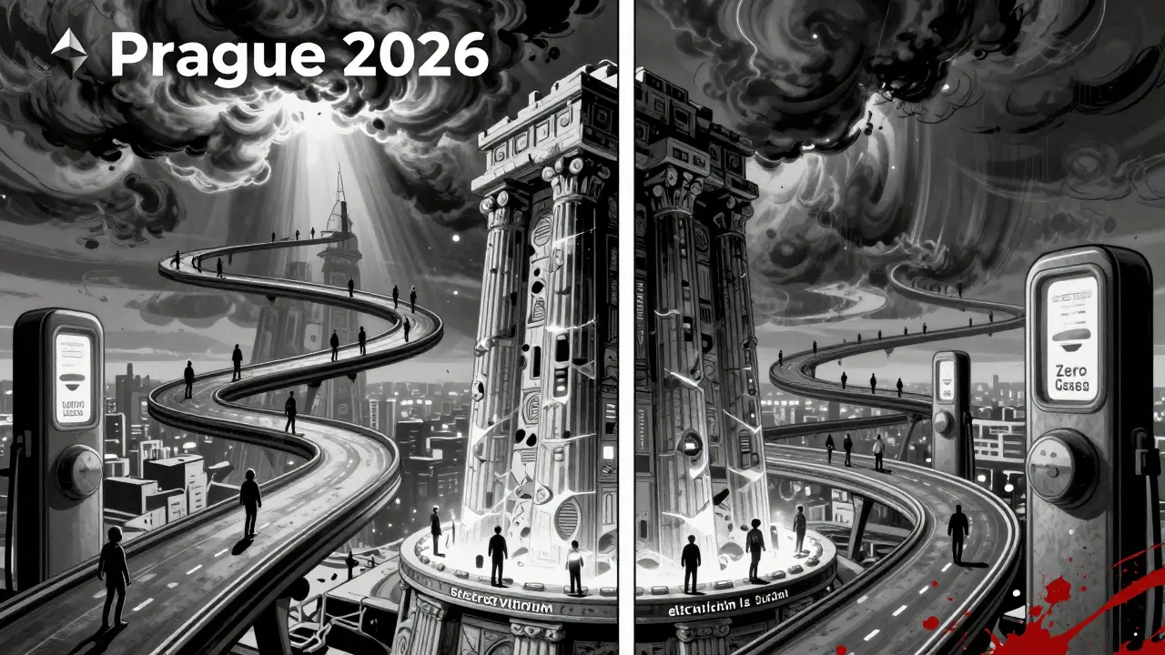 Ethereum как гигантская колоссальная структура с Layer 2 магистралями, уходящими в небо, под угрозой обновления Prague 2026.