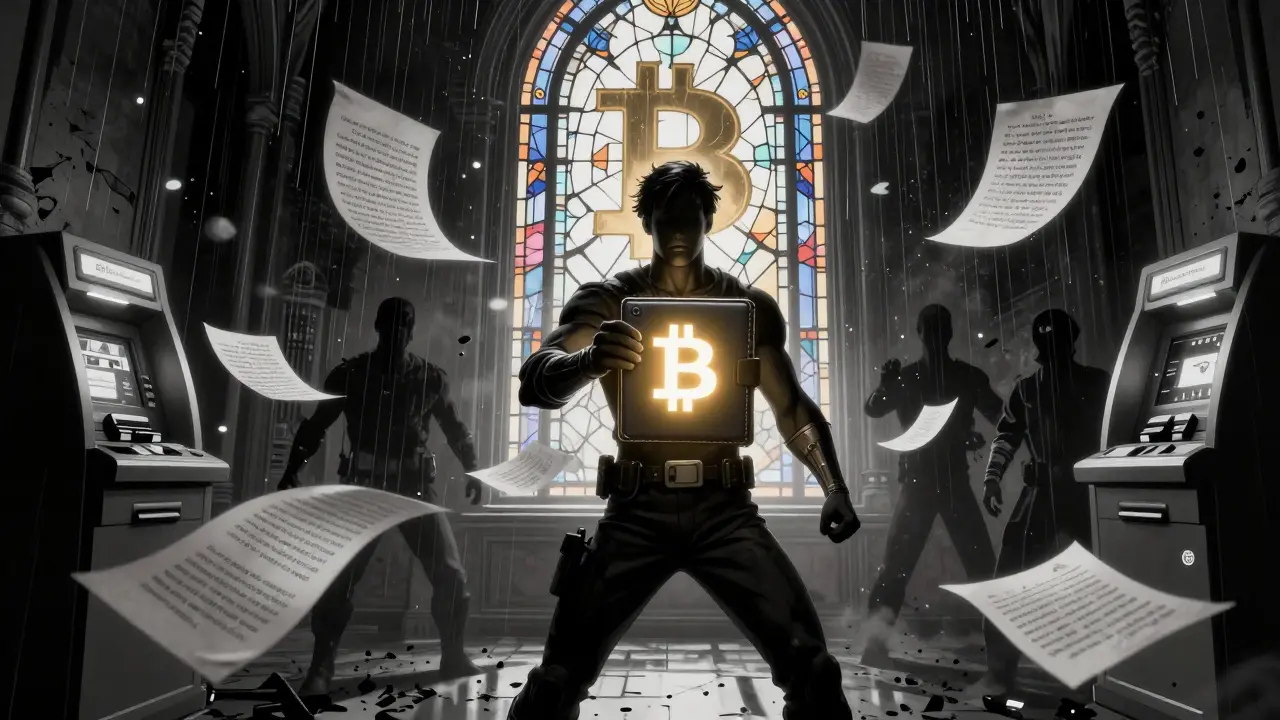 Герой держит холодный кошелёк Ledger, вокруг него — падающие обманы, светящаяся сид-фраза на бумаге.