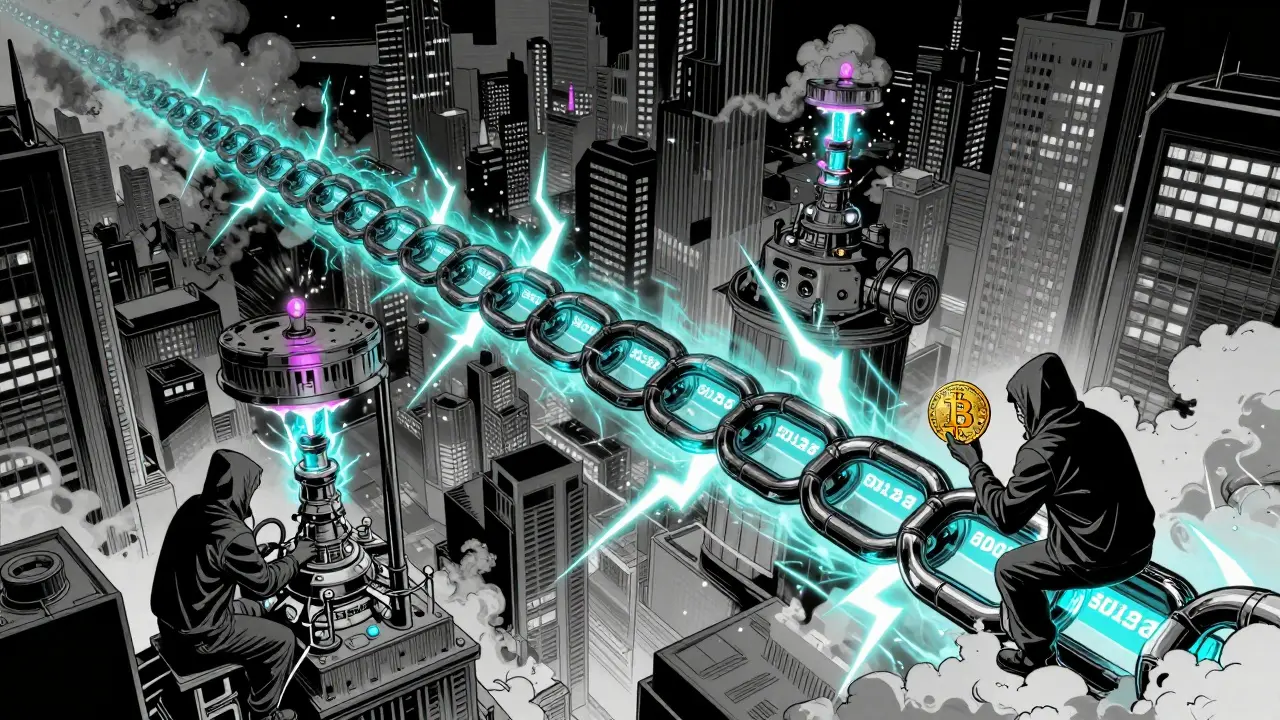 Гигантская цепочка блоков простирается над киберпанк-городом, где майнеры работают на механических установках.