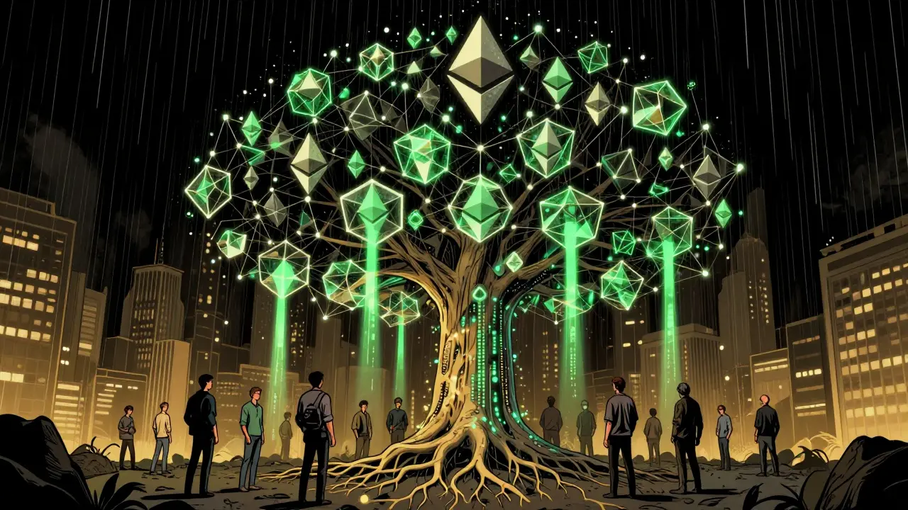 Гигантская сеть Ethereum в 2026 году с участниками, превращающимися в данные.