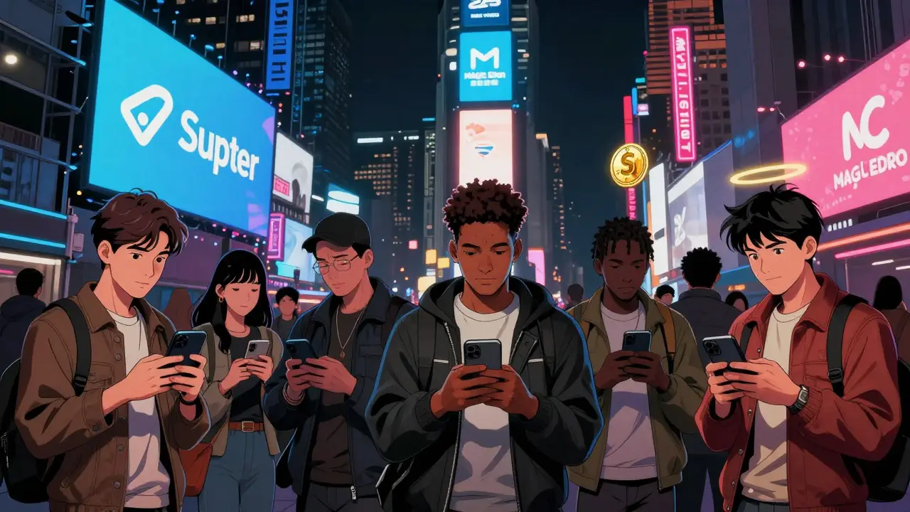 Люди покупают кофе и NFT через Solana Pay в городе 2025 года с неоновыми вывесками.