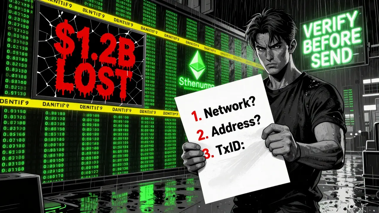 Пользователь держит чек-лист с проверками для безопасного перевода криптовалюты, на фоне — разрушенный экран с надписью &#039;Потеряно ,2 млрд&#039;.