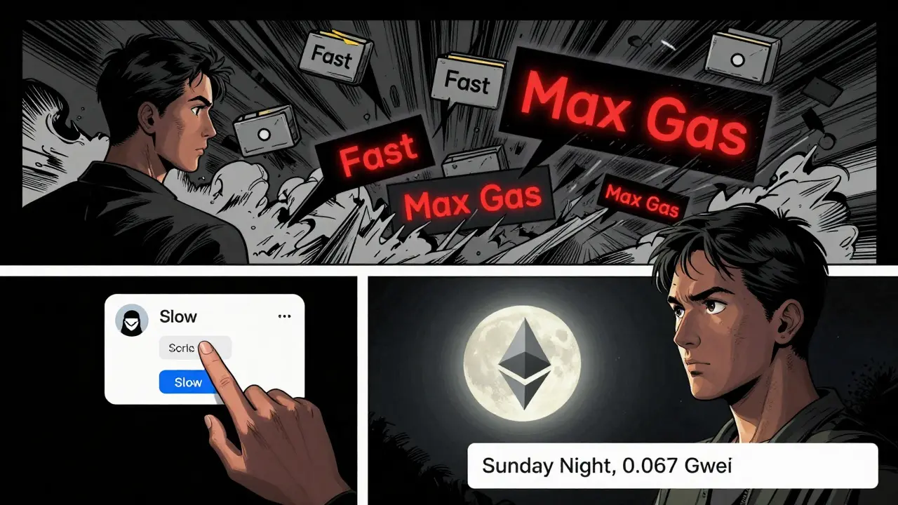 Пользователь выбирает медленную транзакцию в MetaMask, пока вокруг бушует хаос высоких комиссий, ночь и воскресенье.