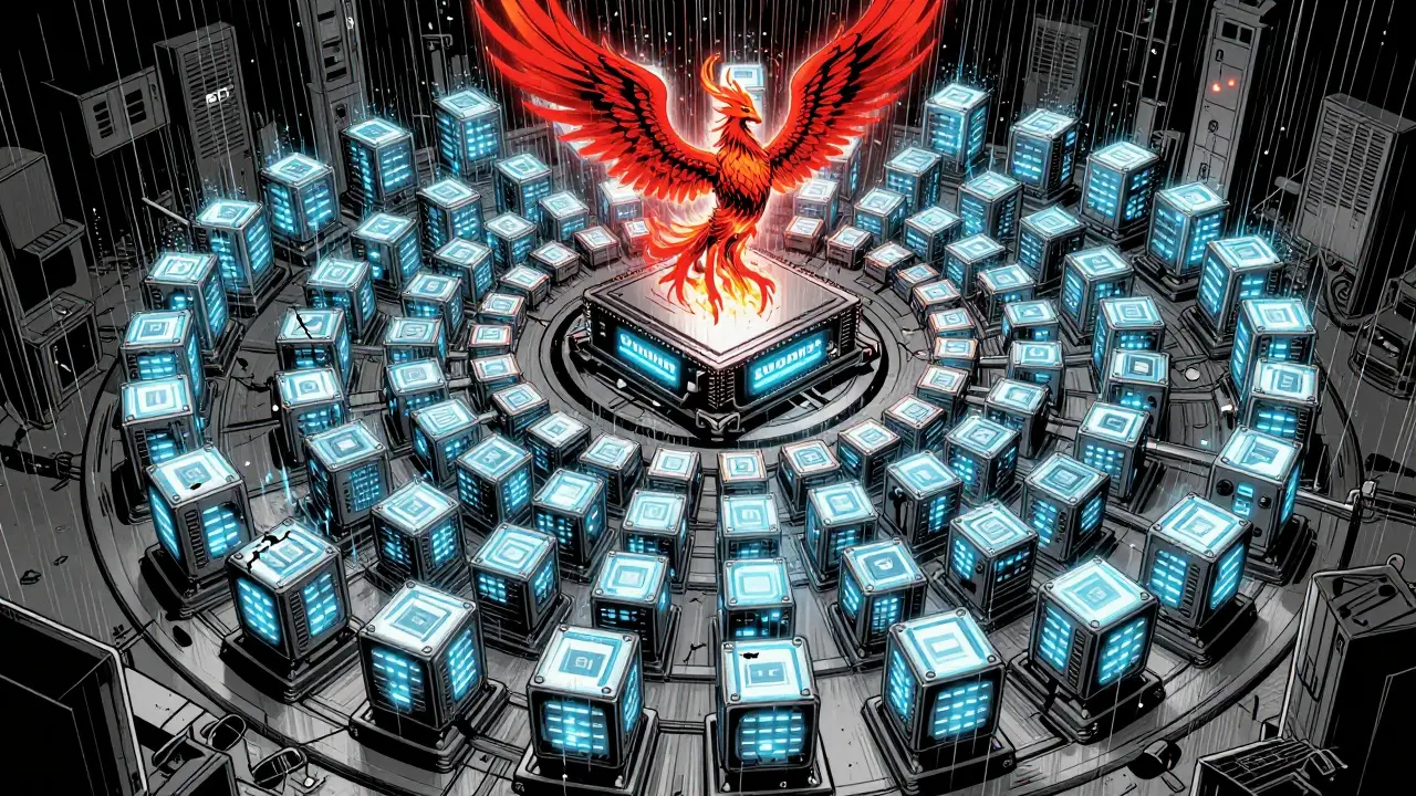 Сеть Солана с 2000 валидаторами, один из них ломается, а Firedancer восстает из центра.