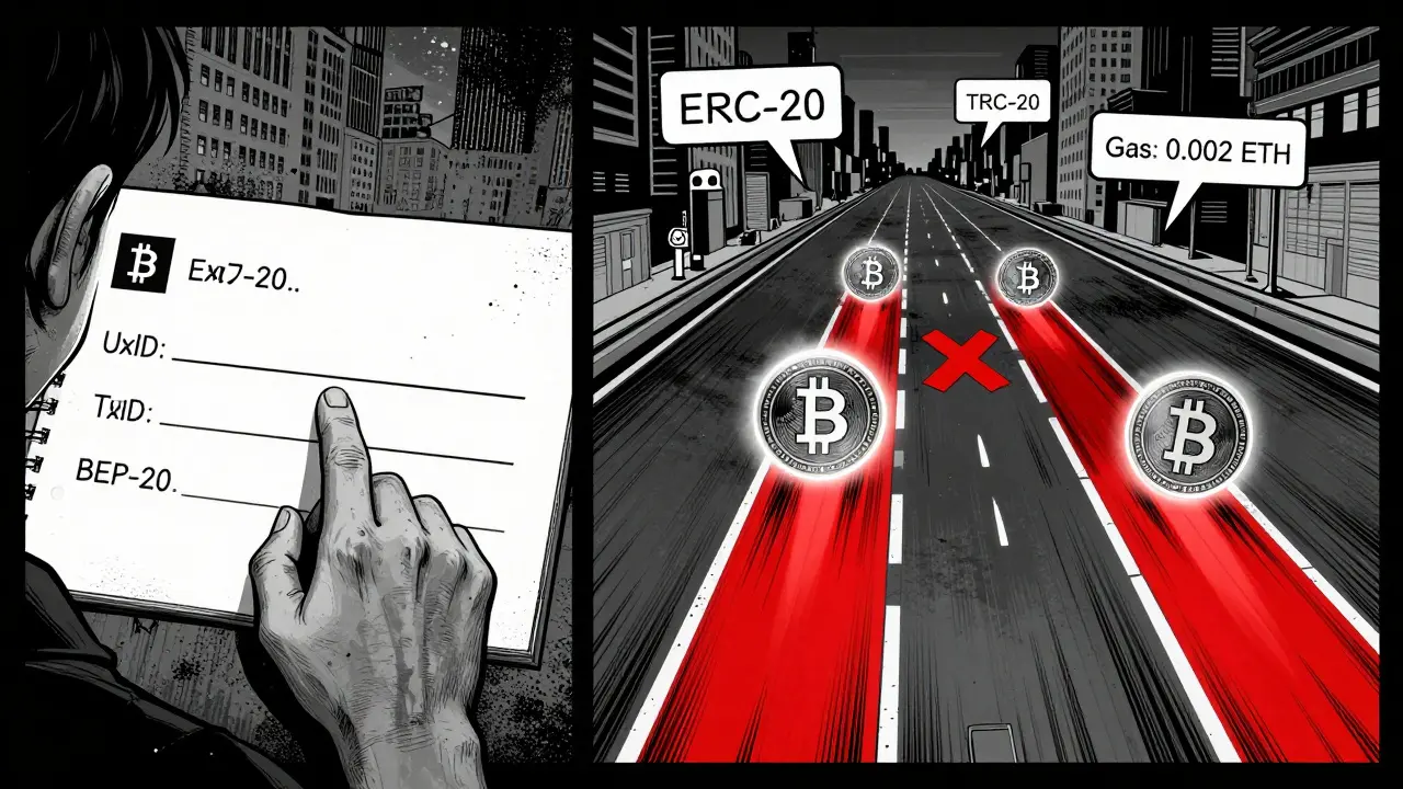 Схема транзакции USDT: три сети — ERC-20, TRC-20, BEP-20 — как дороги, одна заблокирована красным крестом, остальные — свободны.