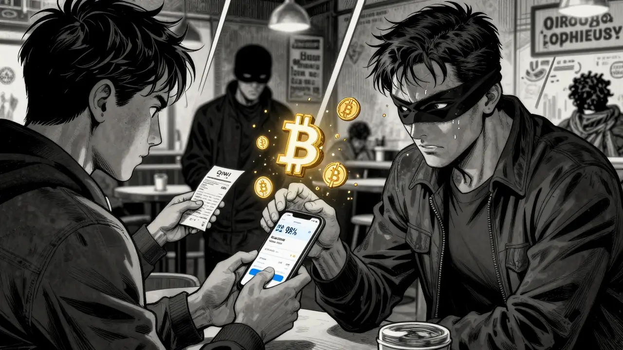Тревожная P2P-транзакция в кафе: покупатель проверяет рейтинг продавца, в тени — мошенник с фальшивым чеком.