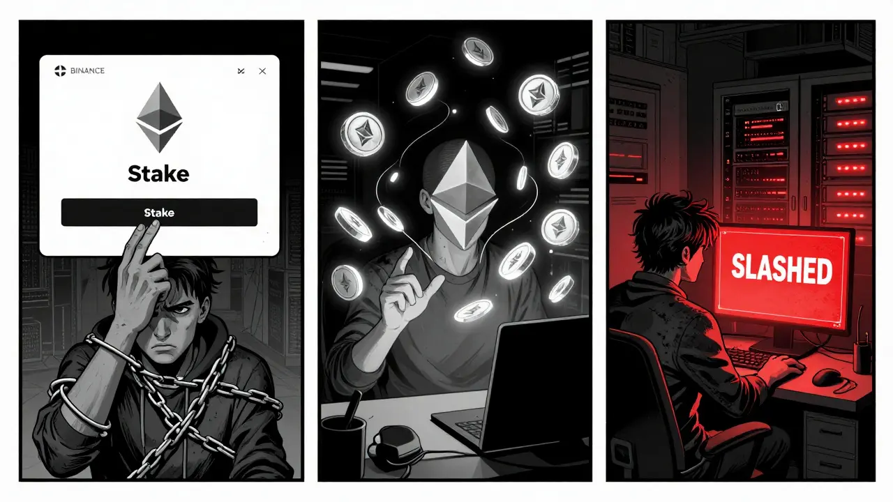 Три способа стейкинга: биржа, пул и собственная нода в стиле комикса.