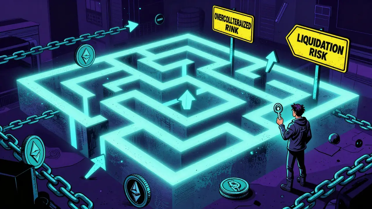 Исследователь в лабиринте DAI из ETH и WBTC цепей, холодное неоновое освещение.