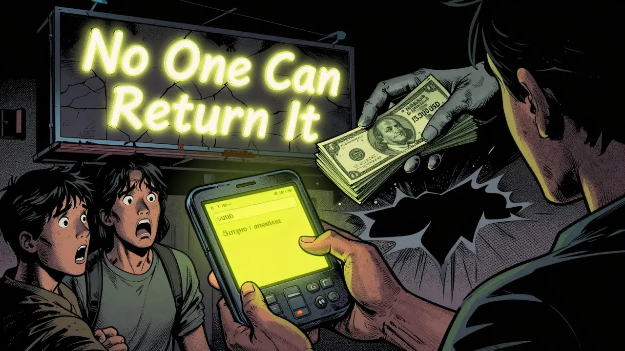 Новичок смотрит на неправильный адрес кошелька, деньги исчезают в черной дыре, надпись &#039;Никто не вернёт&#039;.