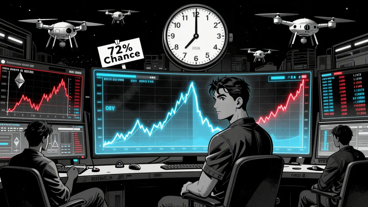 Новичок в темной комнате смотрит на голографические графики, OBV растет, как река света.