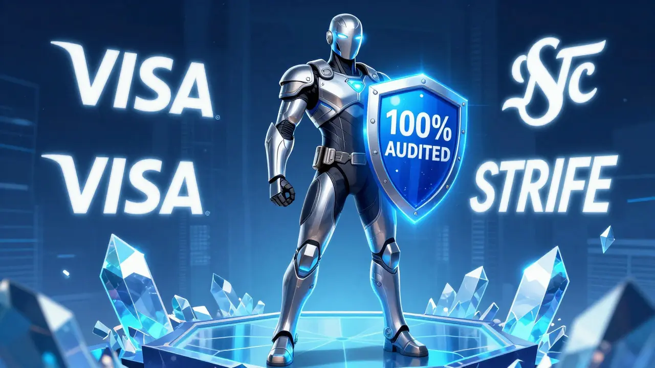 Защитник с USDC щитом на блокчейн-платформе, институциональные логотипы позади.