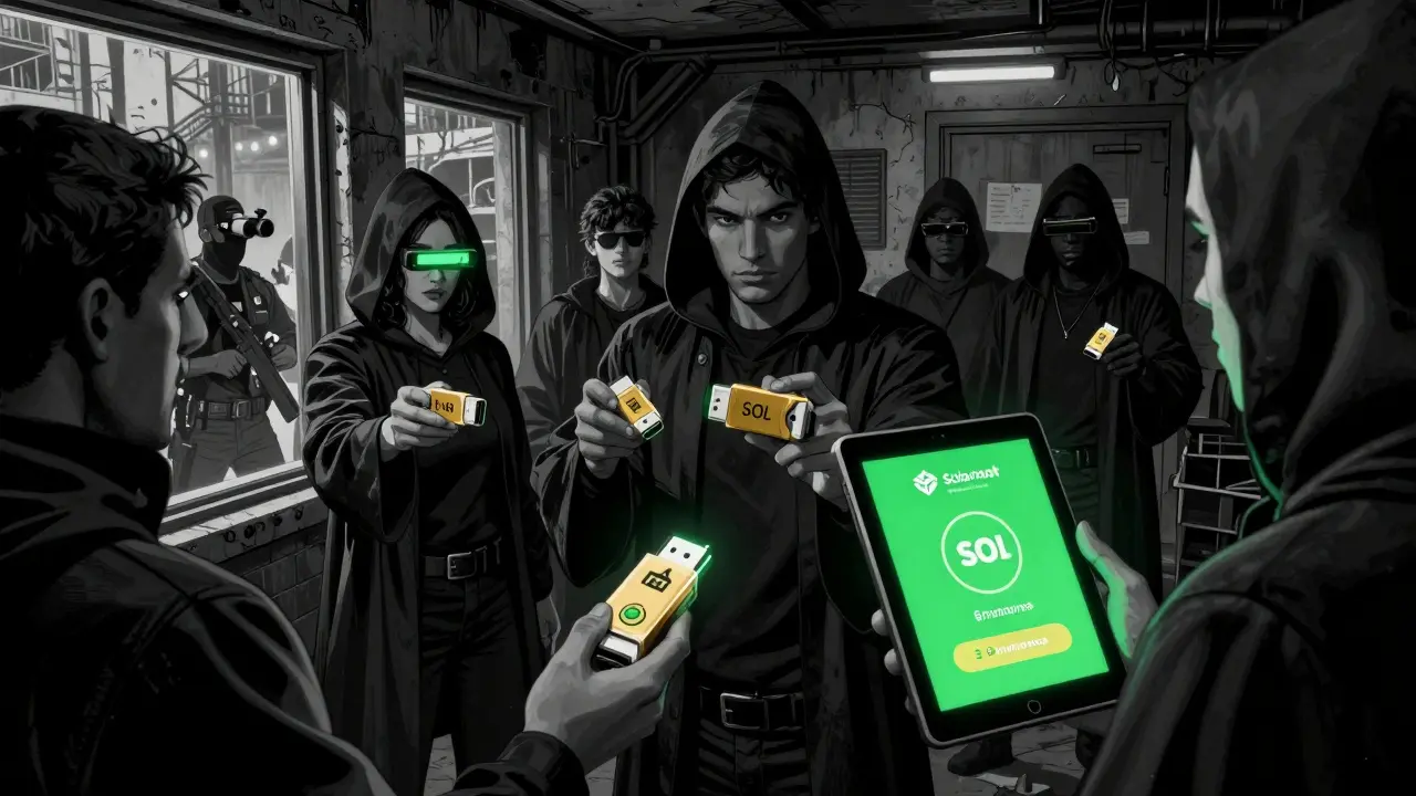 Активисты передают зашифрованные USB-накопители в подвале, за окном — агенты со сканерами лиц.