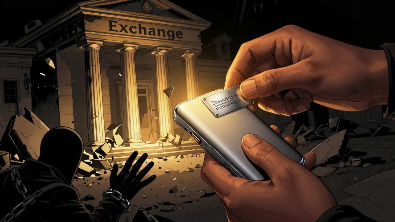 Человек безопасно хранит ключи на аппаратном кошельке, пока биржа рушится позади.