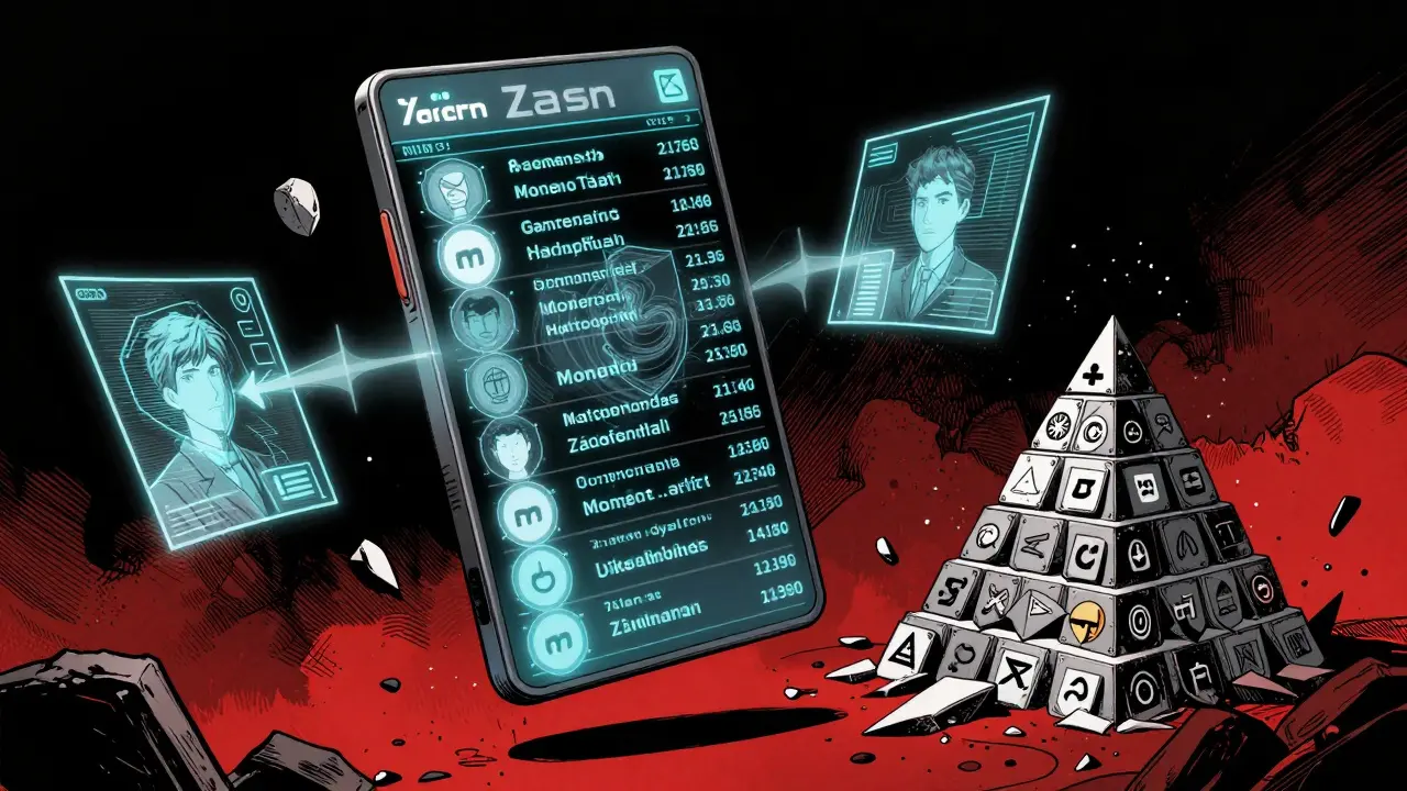 Цифровой блокчейн с защищёнными транзакциями Monero и Zcash, рядом — разрушающаяся пирамида Masternodes Dash.