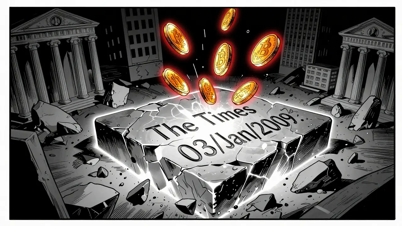 Генезис-блок Bitcoin как камень с кодом, золотые монеты над ним, падающие банки в тени.