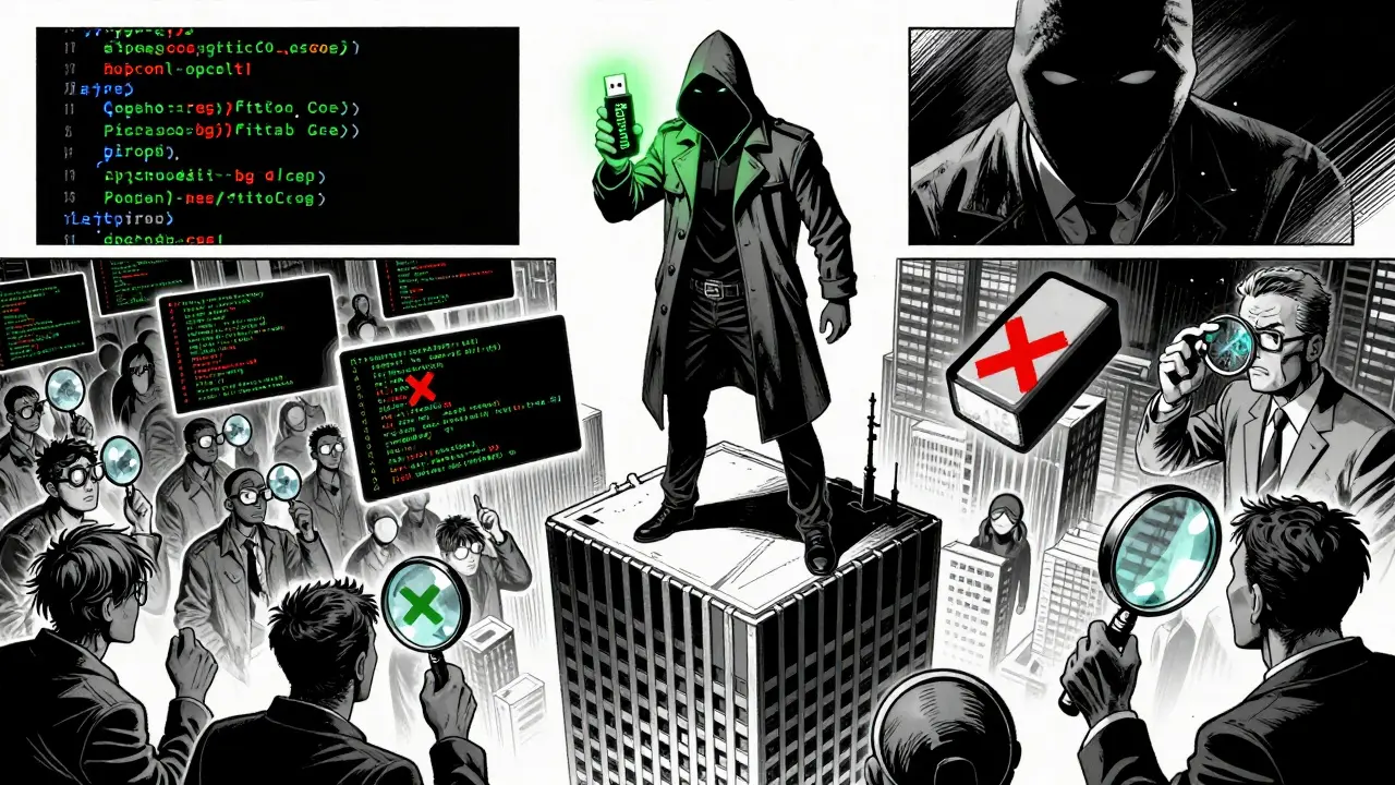 Хакер на крыше с USB-накопителем Bitcoin Core, а вокруг него кодеры ищут уязвимости в открытом коде.