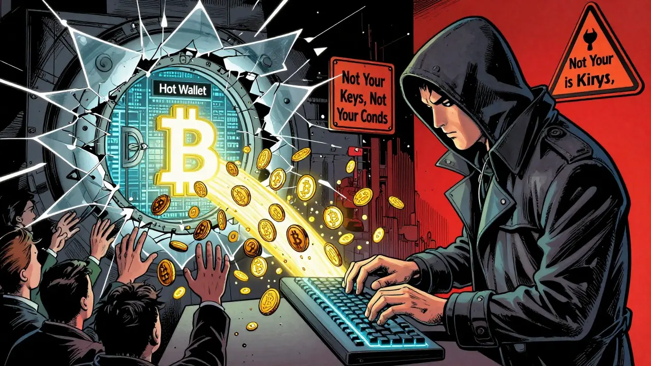 Хакер взламывает систему биржи, а биткоины утекают из сломанного барьера.