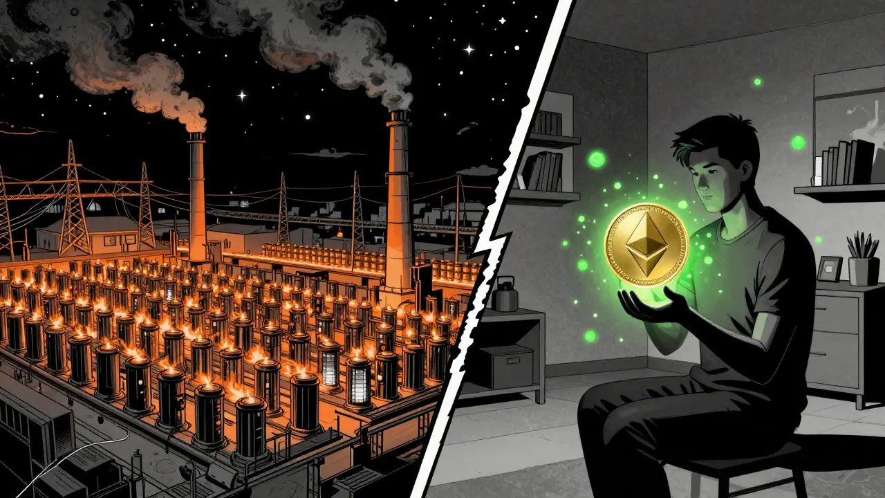 Контраст: энергоемкий майнинг биткоинов слева и спокойный стейкинг эфира справа.