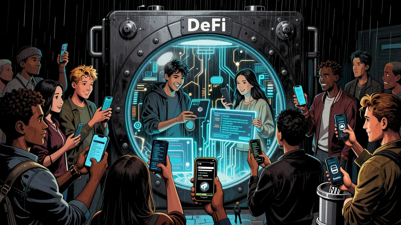 Люди проверяют смарт-контракты в прозрачном хранилище DeFi, в то время как поддельный репозиторий уничтожается.