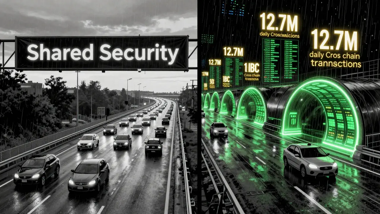 Магистраль блокчейнов: Polkadot с упорядоченным трафиком и Cosmos с хаотичным, но быстрым потоком транзакций — в стиле Sin City.