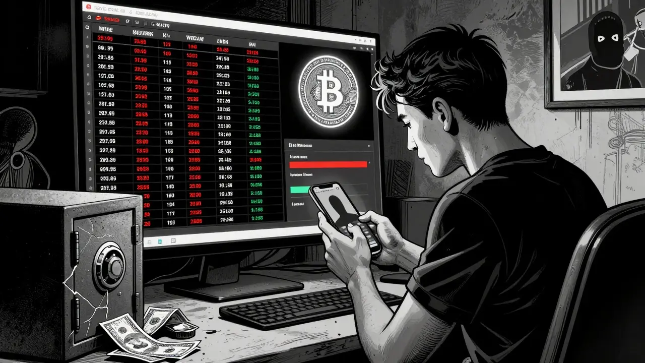 Пользователь совершает P2P-платеж за биткоин, на фоне — пульсирующий отчет о резервах и разбитый сейф.