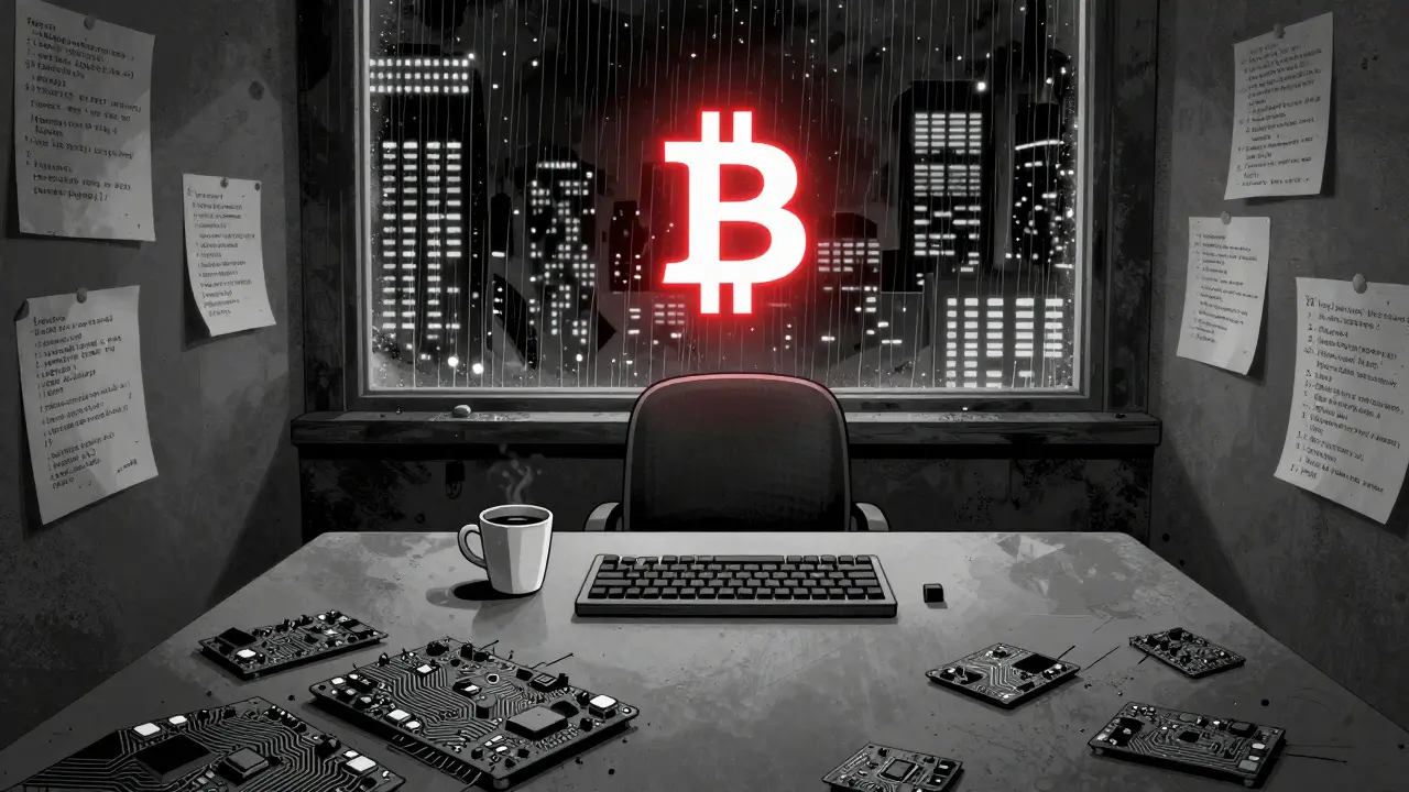 Пустой стул у стола с кодом, над ним — мерцающий биткоин, дождь за окном.