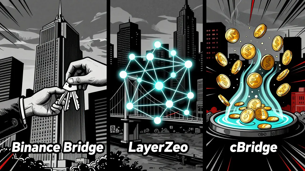 Три типа кросс-чейн мостов: централизованный, децентрализованный и ликвидностный, изображены в стиле Sin City.