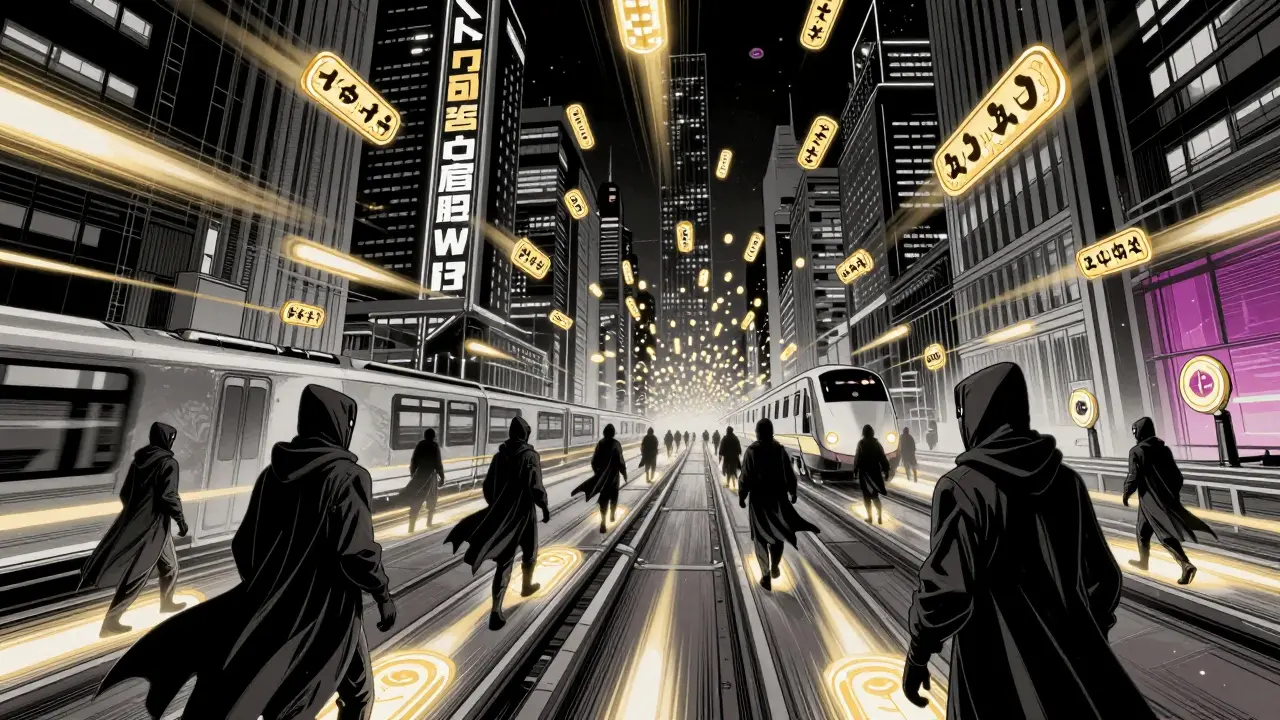 100 валидаторов Polygon патрулируют светящуюся сеть транзакций в футуристическом городе.