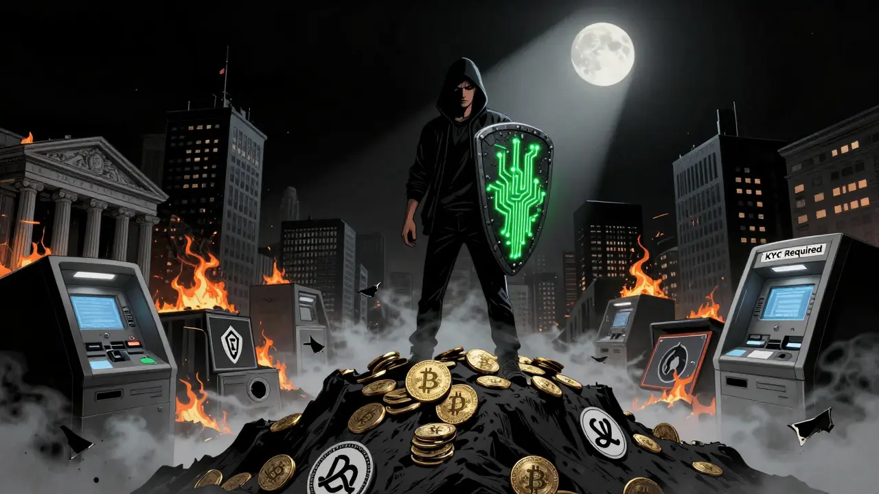Человек держит холодный кошелек, стоя на груде мертвых криптовалют, позади — горящие банки и регуляторы.