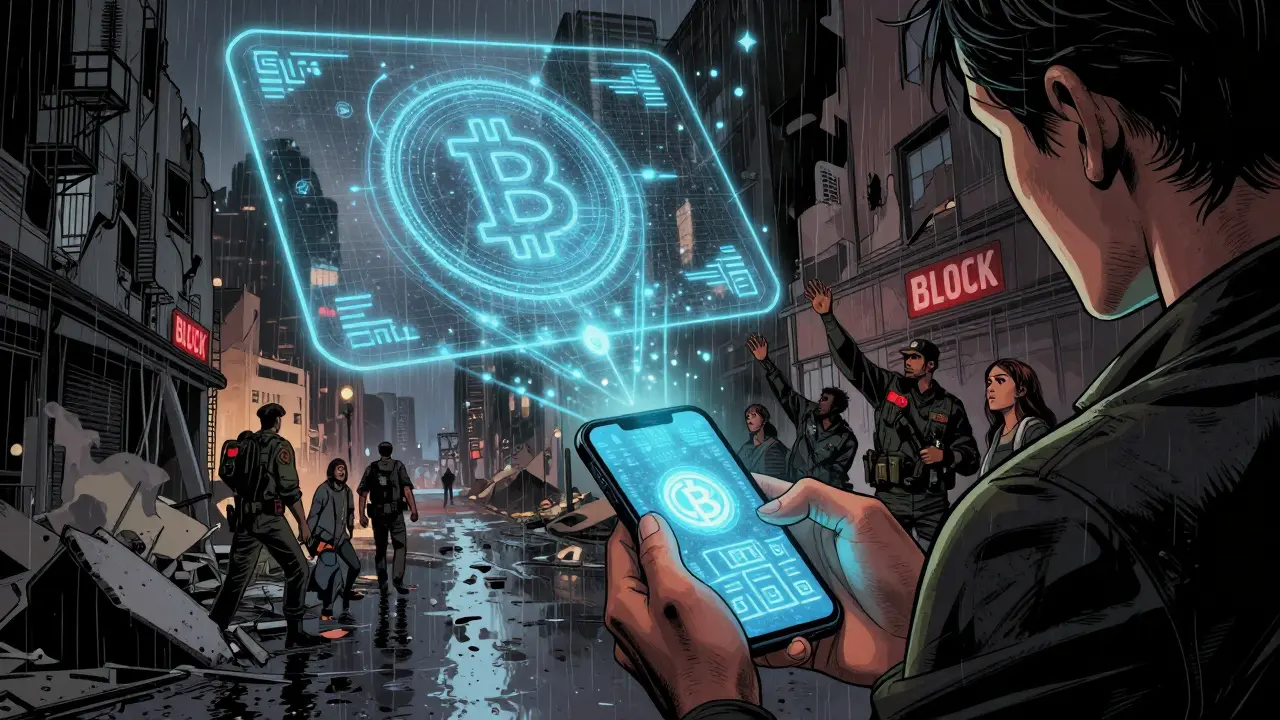 Человек отправляет криптовалюту в условиях кризиса, транзакция навсегда записана в блокчейн, власти бессильны.