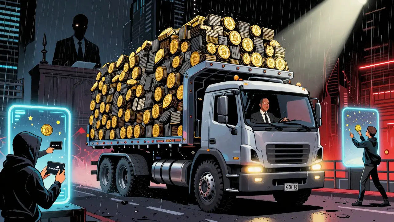 Грузовик BNB Chain перевозит транзакции через кибергород, а суд над Binance тянется в тени, пользователи используют кошельки в стиле Sin City.