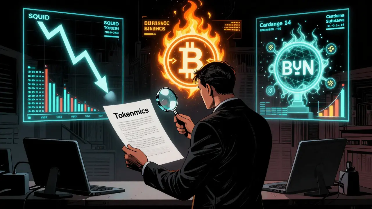 Инвестор анализирует токеномику, вокруг — последствия провальных и успешных проектов.