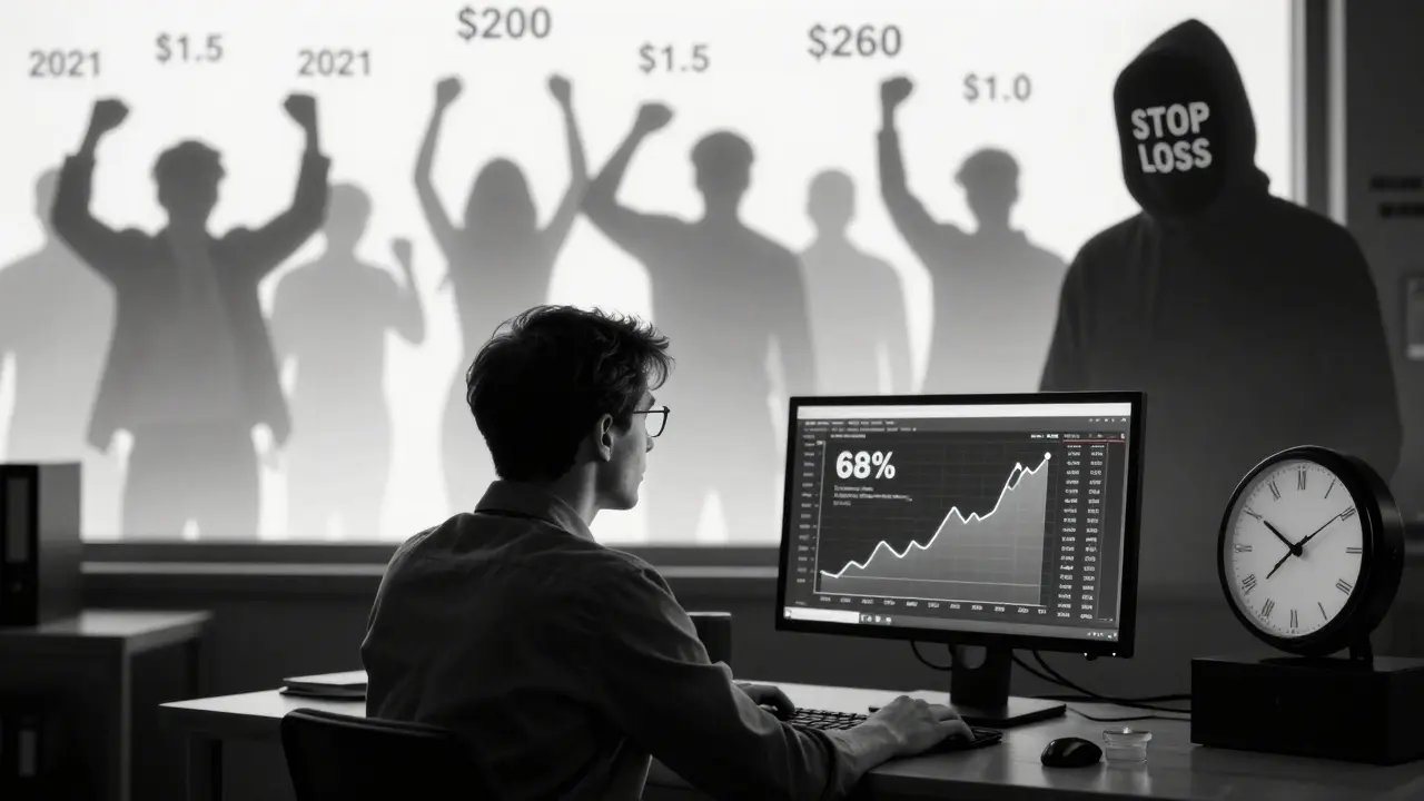 Инвестор в комнате с монитором, показывающим рост альтсезона, тени прошлых успехов за спиной.