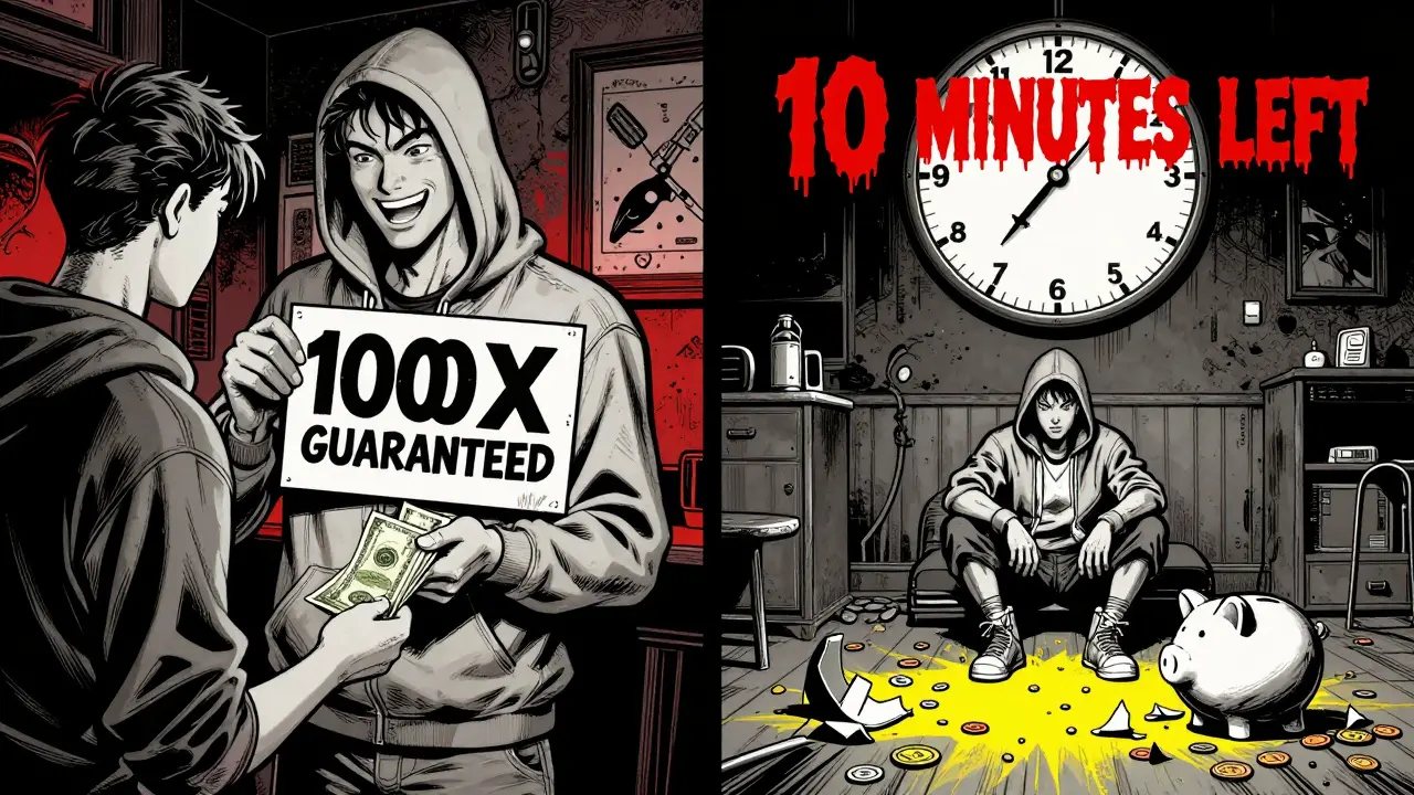 Новичок платит мошеннику — справа он остаётся с пустыми руками и разбитой копилкой под таймером.