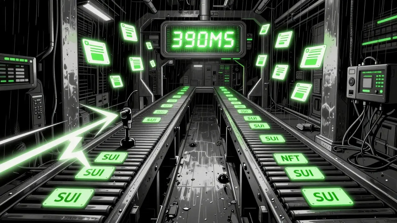Параллельные конвейеры обработки транзакций в Sui с таймером 390 мс и отсутствием пробок.