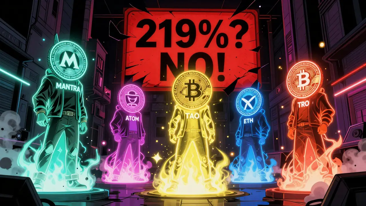 Пять криптовалют сражаются в арене, над ними — предупреждение о мошенничестве.