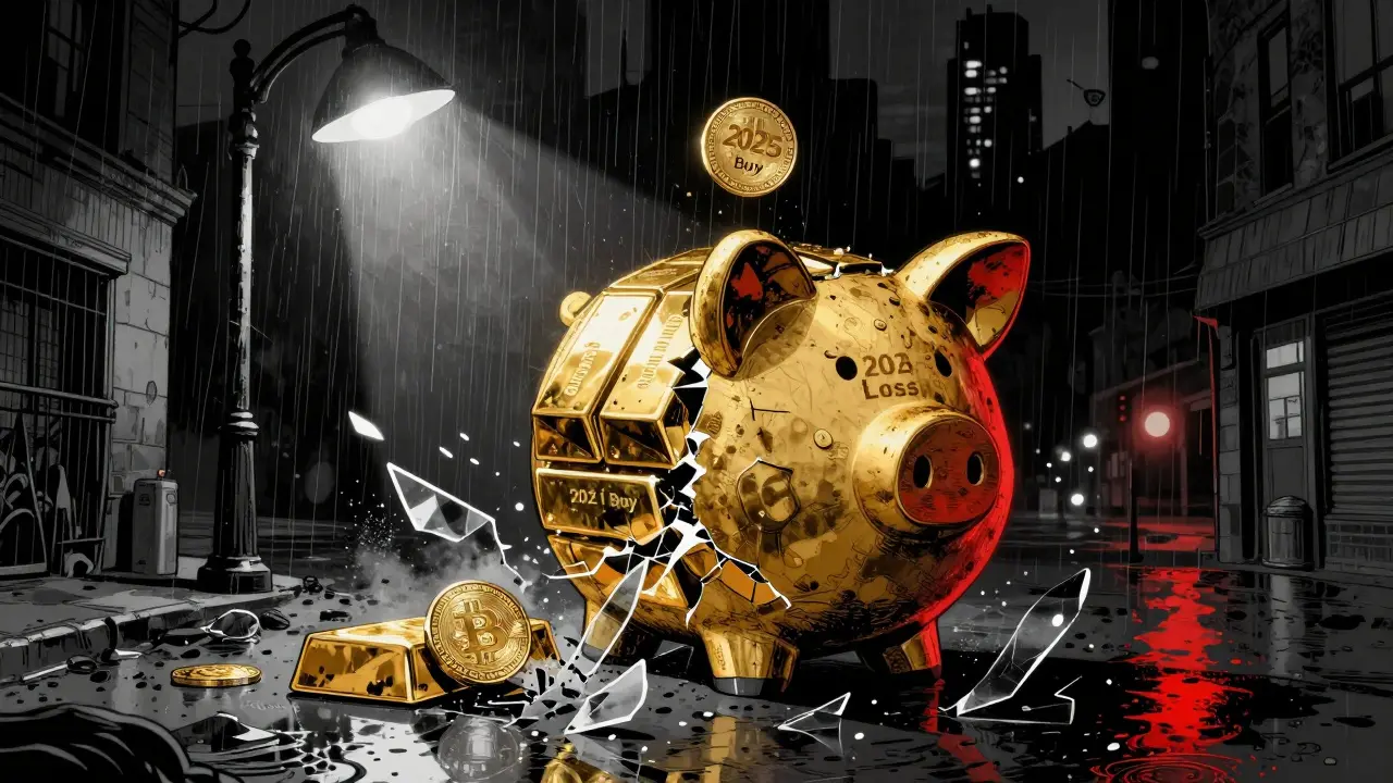 Разбитая копилка, из которой выливаются криптовалюты, одна из них разрушается — символ потерь.