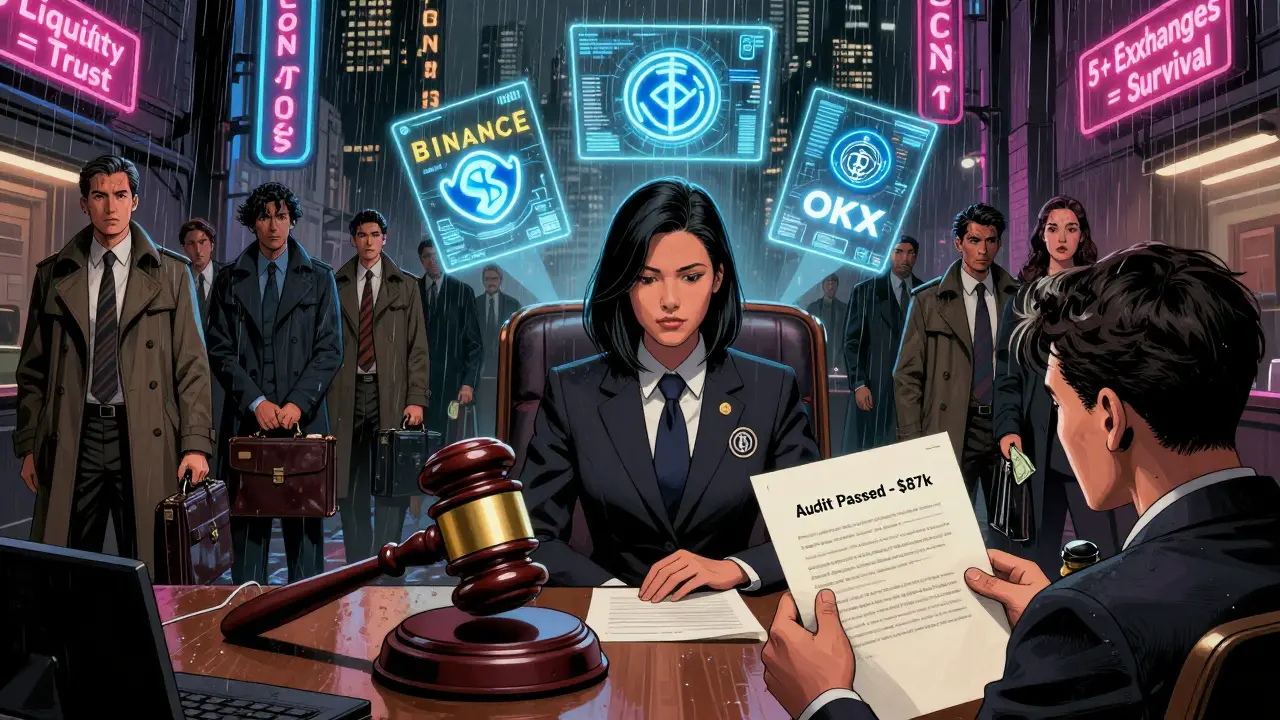 Судья одобряет листинг, институциональные инвесторы входят, а стартапер держит документ об аудите — город в стиле Sin City.