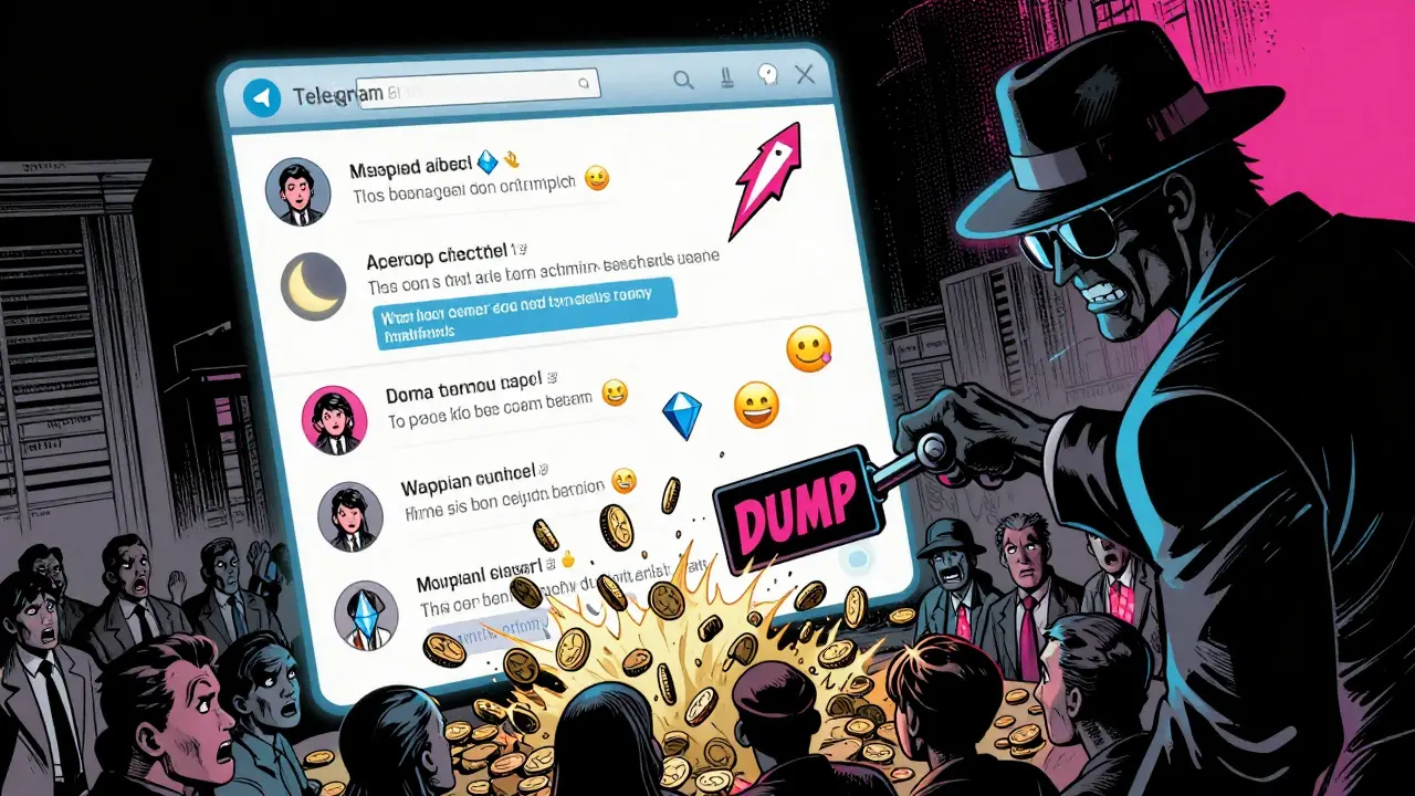 Теневой организатор сбрасывает токены, а эмодзи и боты наводняют экран, раздавливая инвесторов.