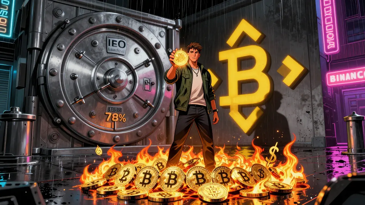 Трейдер держит BNB как ключ перед воротами IEO, в то время как миллионы токенов сжигаются в огне в кибернетическом городе.
