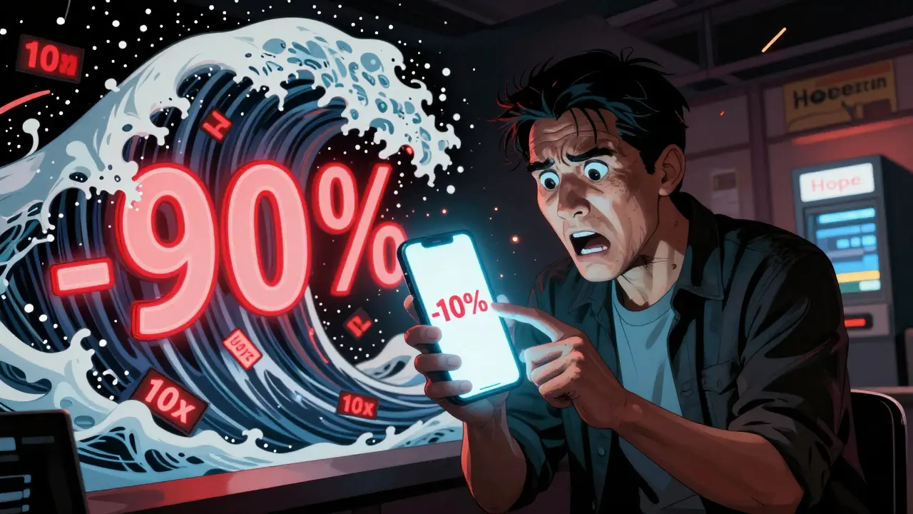 Трейдер смотрит на падающий график, волна ликвидаций разрушает его позиции.