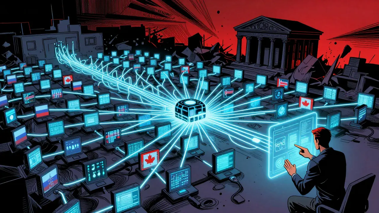 Тысячи компьютеров по всему миру проверяют транзакцию, централизованный банк рушится на фоне.