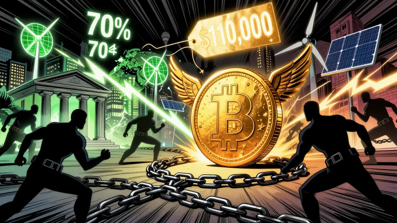 Биткоин как герой сражается с инфляцией и регуляторами, поддерживаемый энергией ветра и солнца.