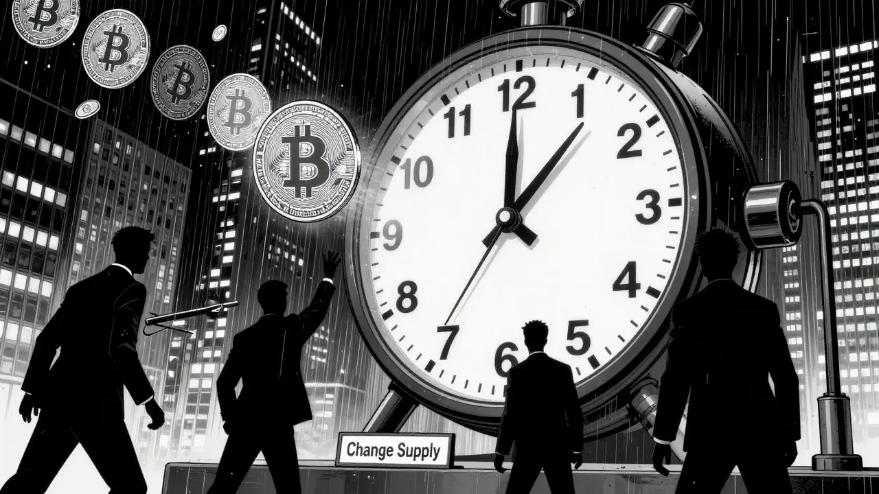 Цифровые часы показывают 2140 год, Bitcoin-монеты исчезают, тени корпораций тянутся к рычагу.