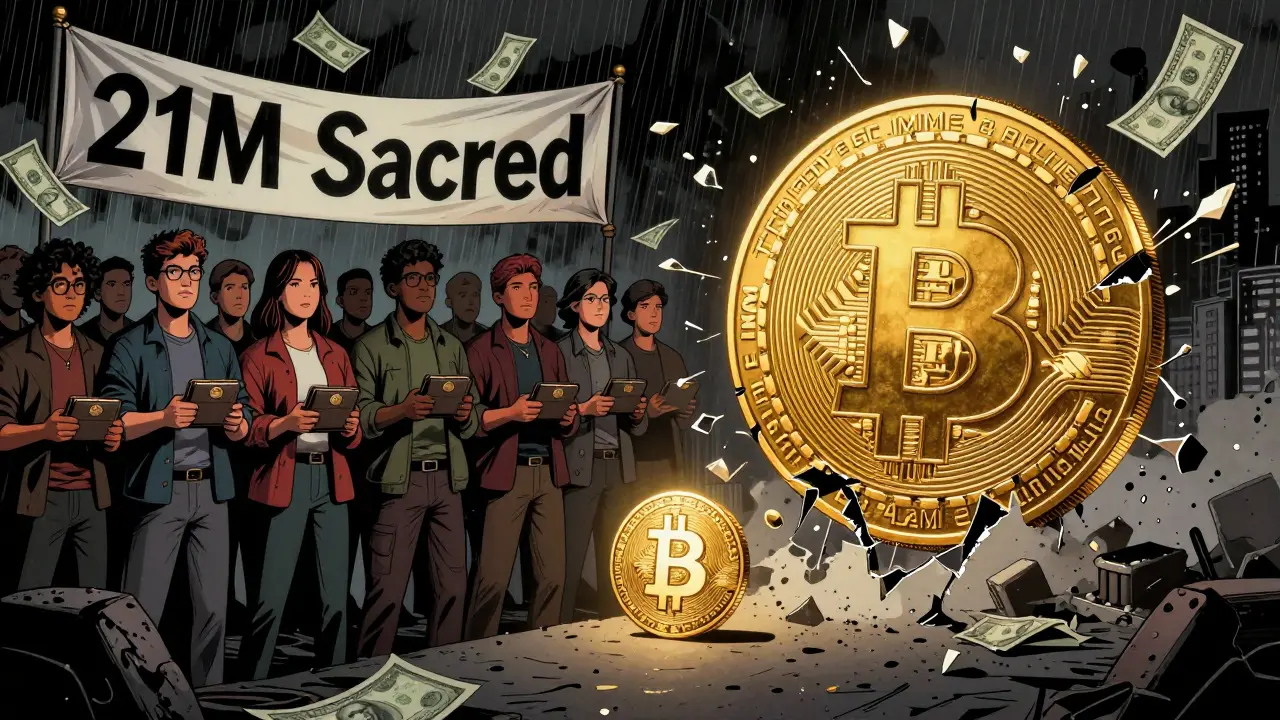 Два мира: одни защищают 21M, другие — разрушают его, одна монета сатоши светится между ними.