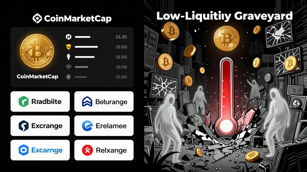 Двухстраничный контраст: надежный CoinMarketCap слева и цифровое кладбище мелких токенов справа.