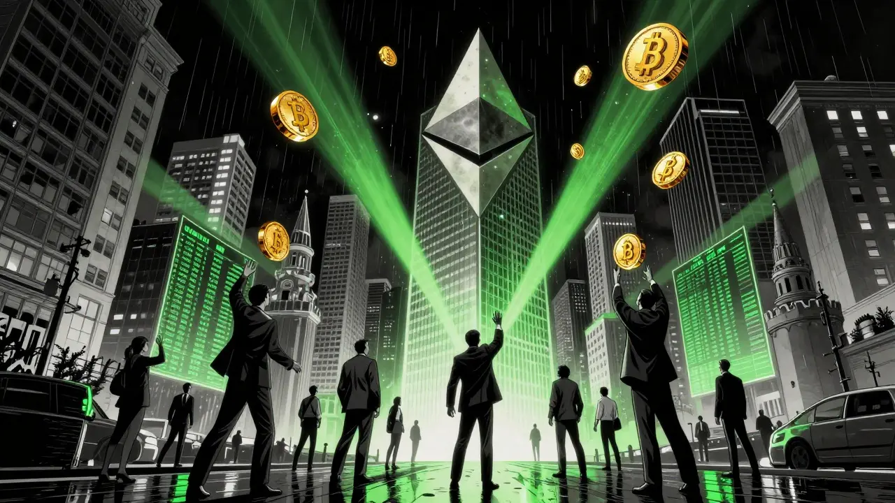 Эфириум-башня растёт над Москвой и Нью-Йорком, токенизированные активы парят в воздухе, зелёный свет заменяет уголь.