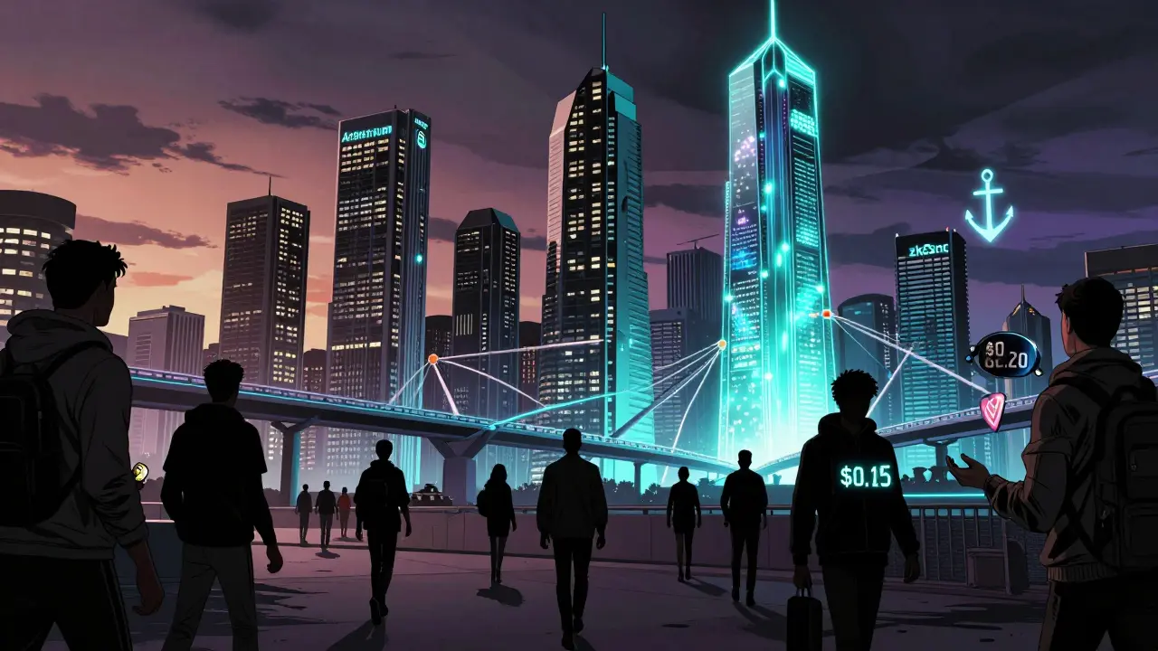 Город Ethereum на рассвете: три Layer 2 сети в виде зданий с разными характеристиками.